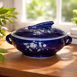 Hall Pottery cobalt blue sundial handle covered casserole dish Vintage Flowers
